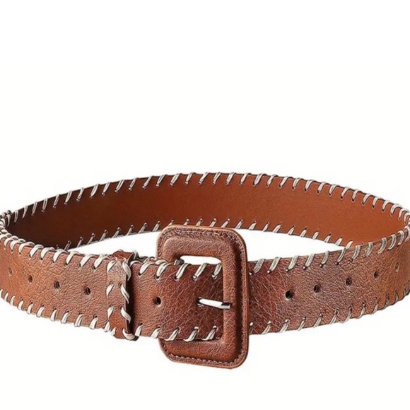 BOHO WESTERN Wide Brown Belt Cream Whipstitch Faux Leather - Picture 2 of 4
